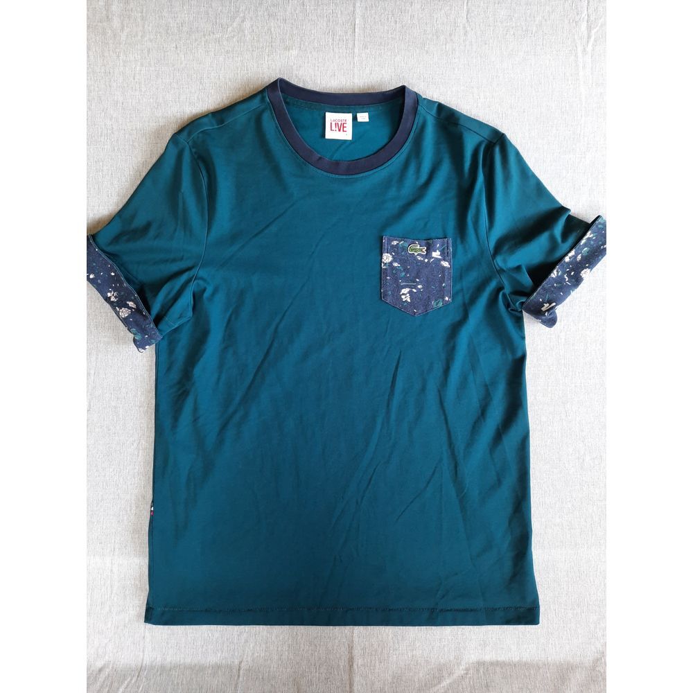 Lacoste L!ve Mens 4 Blue/Multicolor Crew Neck Print Lined Pocket T-Shirt